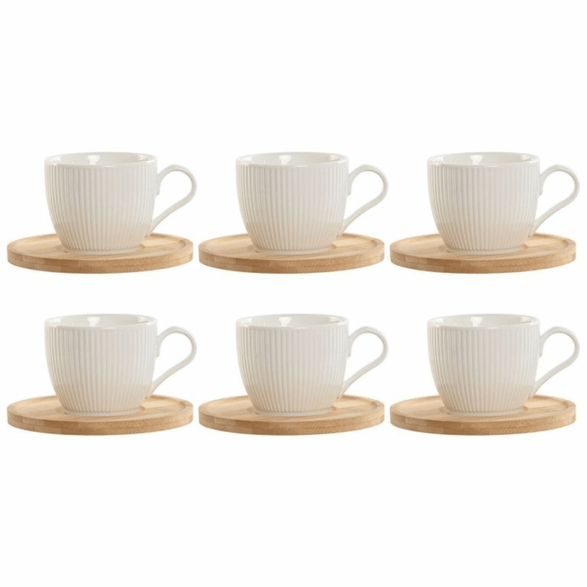6-teiliges Kaffeetassen-Set, weißes Porzellan mit vertikal gerippter Struktur und runden Bambusuntertassen, 220ml Fassungsvermögen.